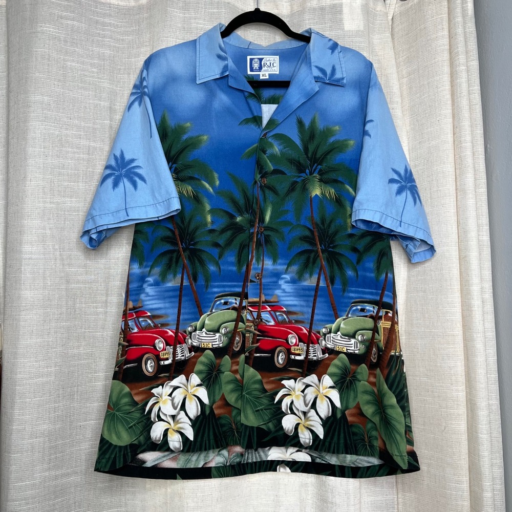 Vintage RJC Hawaiian Shirt Palm Trees Surf Woody Cars‎ Cork Buttons Men's XL